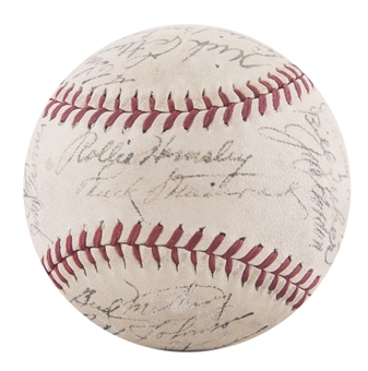 1943 World Series Champion New York Yankees Team Signed OAL Harridge Baseball With 29 Signatures (JSA)